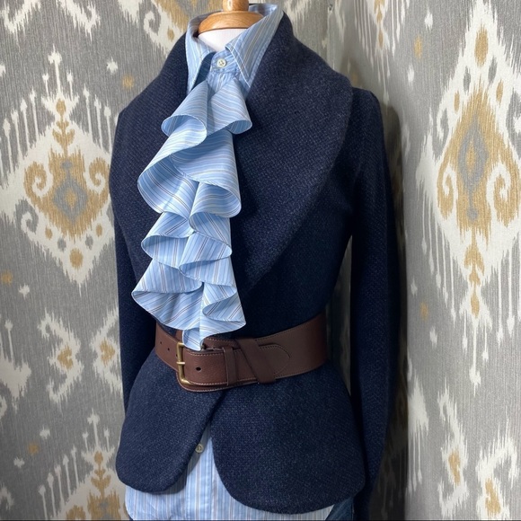 Ralph Lauren Blue Label Tops - Ralph Lauren Baby Blue Pinstripe Ruffle Front Blouse